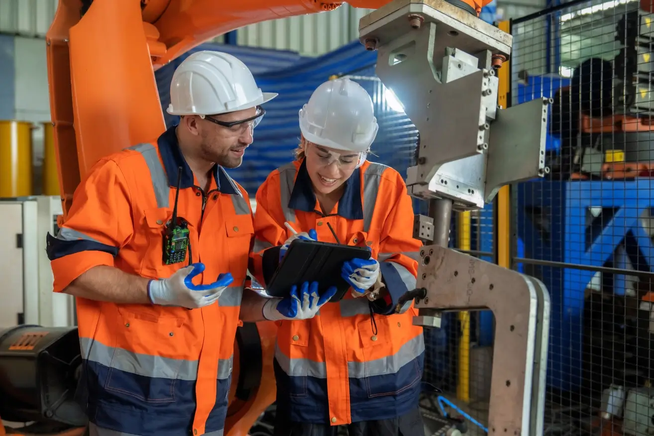 Workers in protective gear using tablet device.