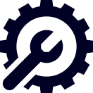 Wrench and gear icon, dark blue.